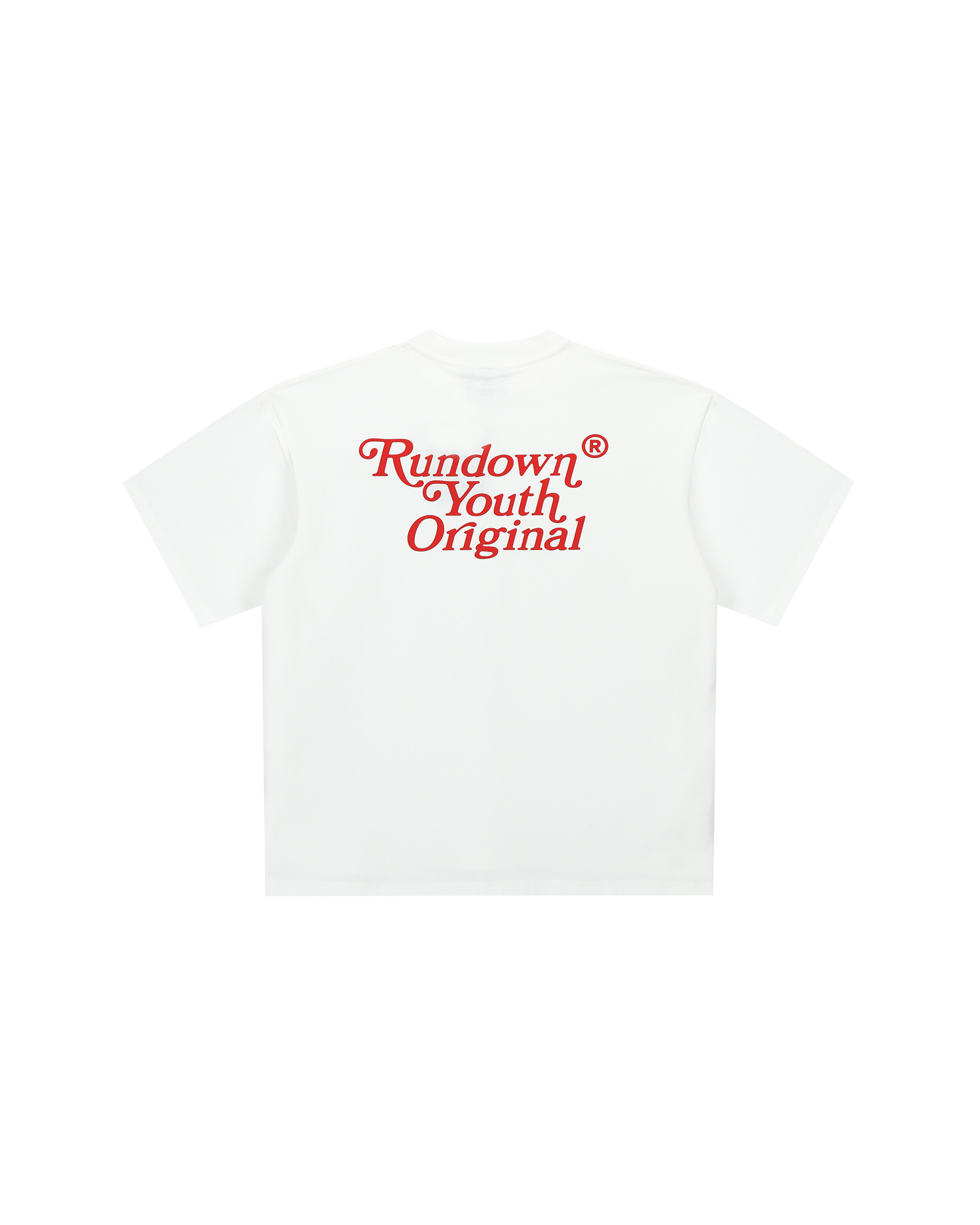 White graphic tee with red letters